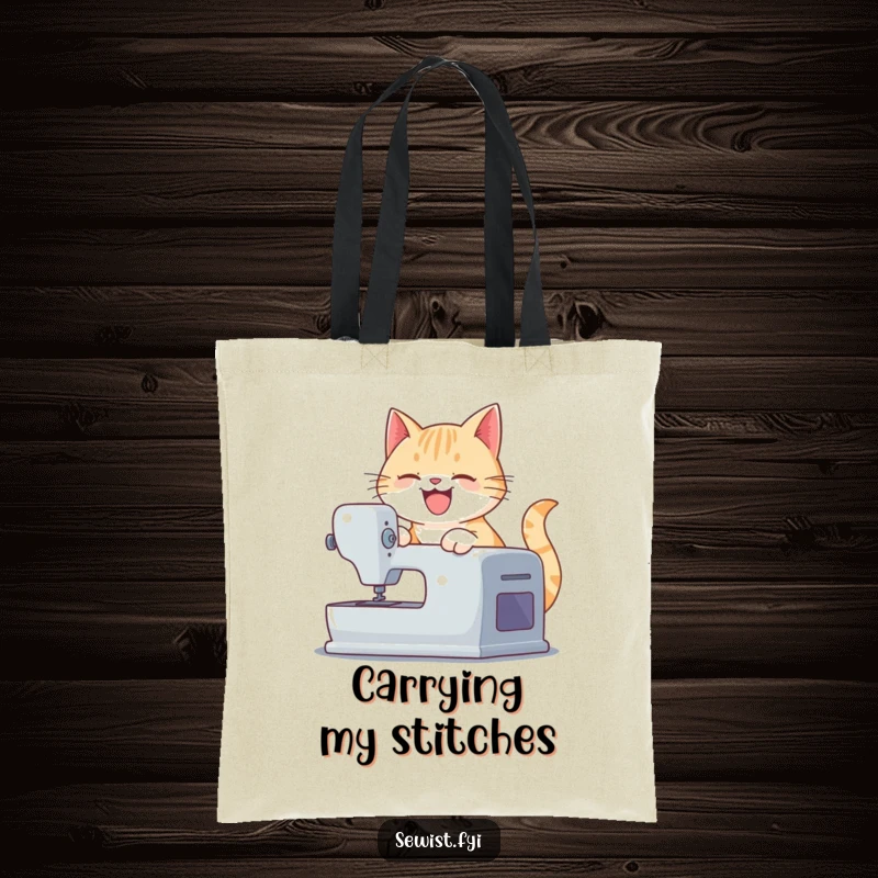 Funny tote bag depicting a playful cat operating a sewing machine, a humorous and practical item for craft enthusiasts.