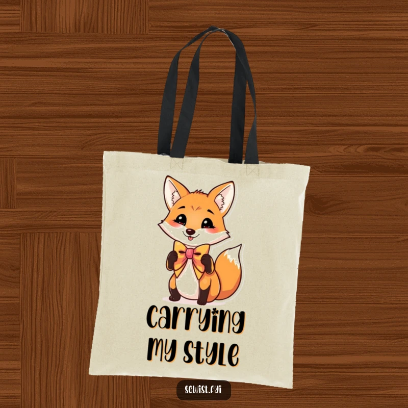 Funny tote bag depicting a charming fox adjusting its bow tie, a humorous and stylish item for carrying essentials.