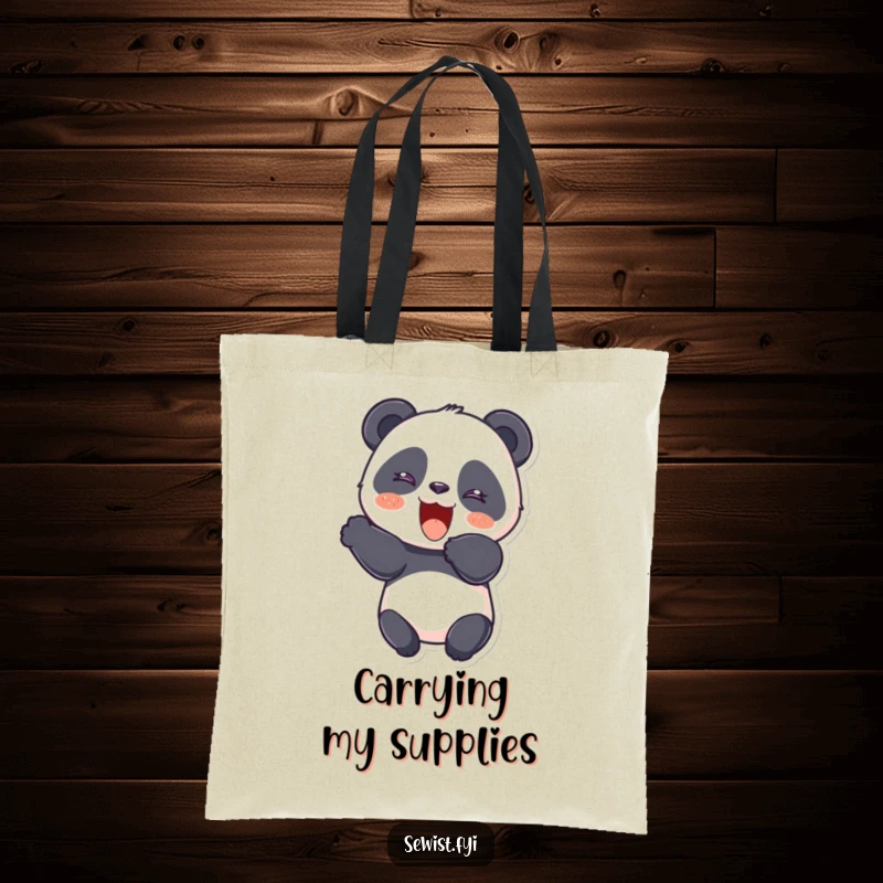 Funny Panda Tote Bag featuring a giggling panda cutting fabric with a flourish, a cute and practical accessory for crafters.