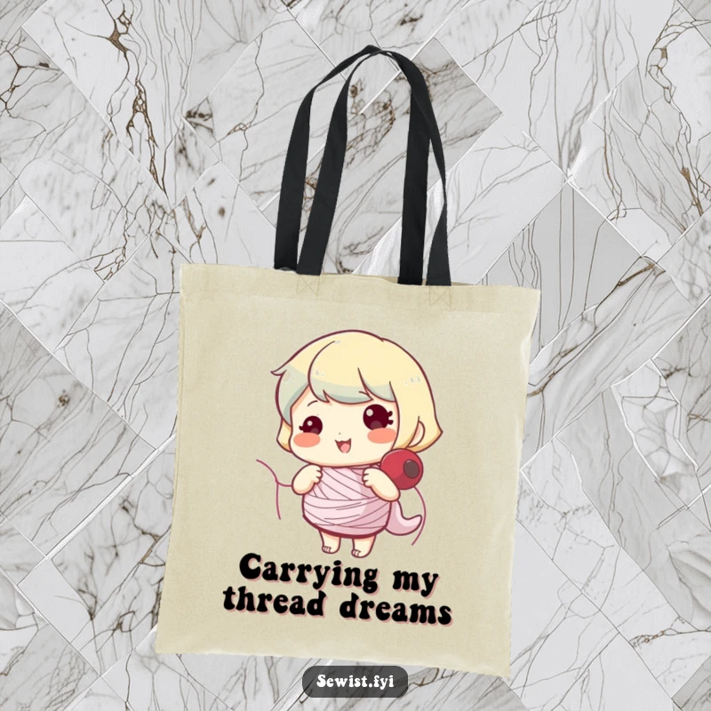 Funny tote bag featuring a smiling character actively winding a sewing bobbin, ideal for carrying craft supplies.