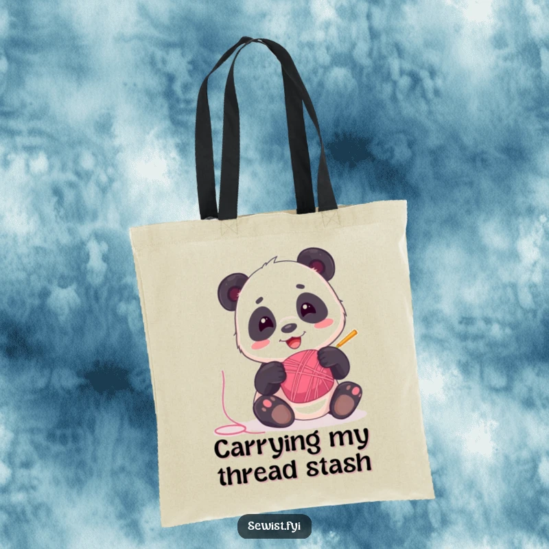 Funny Panda Tote Bag: A playful panda spinning thread, practical and humorous for carrying items, a unique gift.