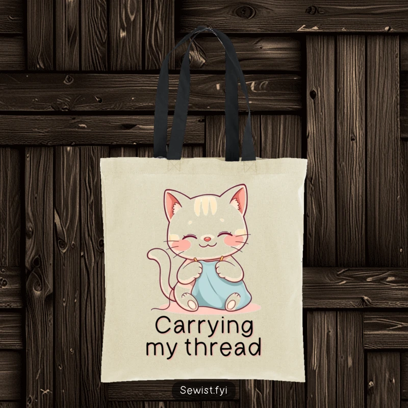 Funny cat tote bag with a happy cat smiling while sewing with a needle and thread, ideal for crafty supplies.