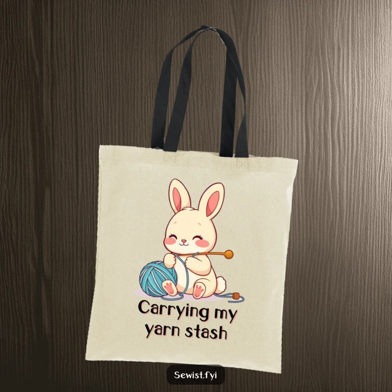 Funny Tote Bag with a cute bunny character happily threading a large needle with yarn, perfect for carrying craft supplies.