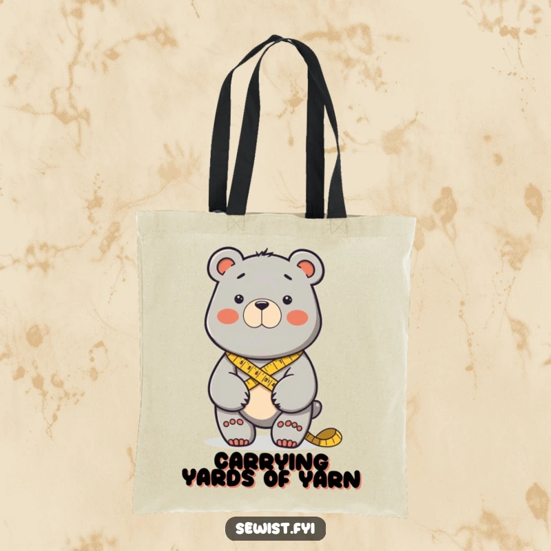 Funny determined bear measuring fabric with a tape measure, ready for sewing. Perfect funny tote bag.