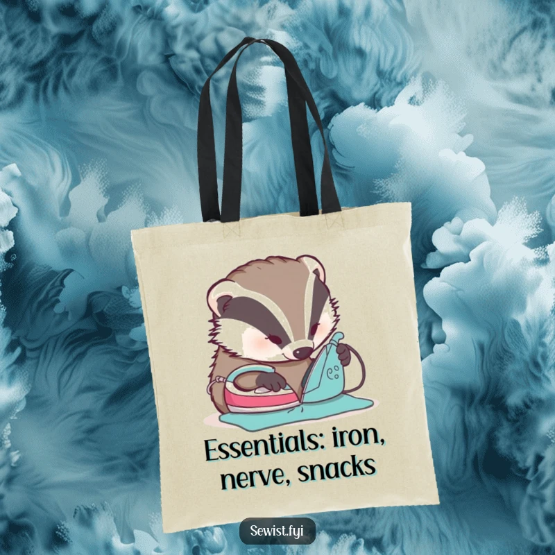 Funny Badger Ironing Tote Bag - A humorous badger is shown ironing a seam flat, ideal for carrying items with a side of laughs.
