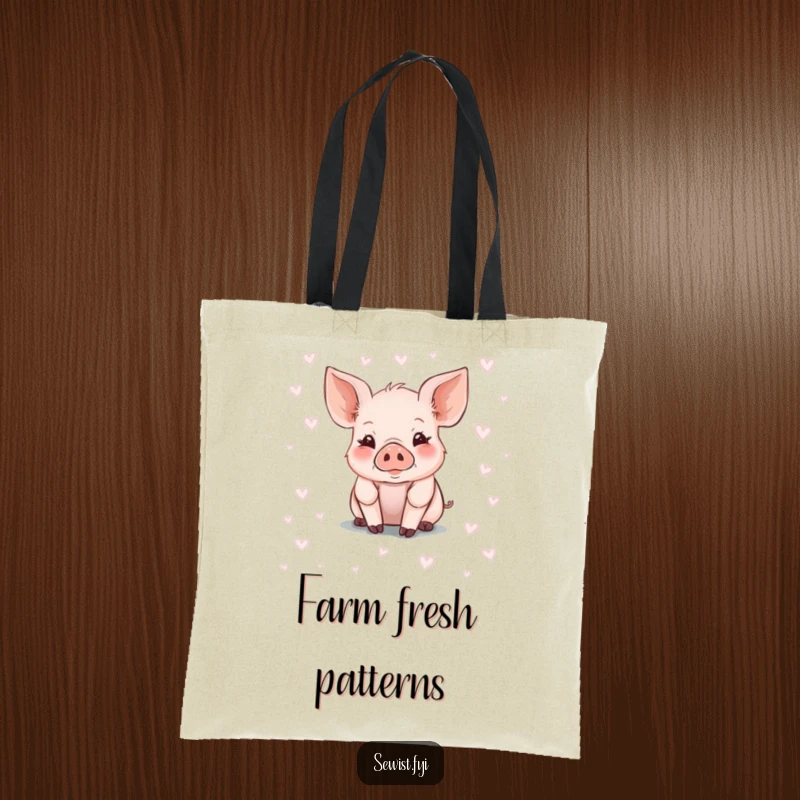 Funny Piglet Tote Bag featuring a cute piglet artist drawing chalk patterns on fabric, a humorous and practical accessory.