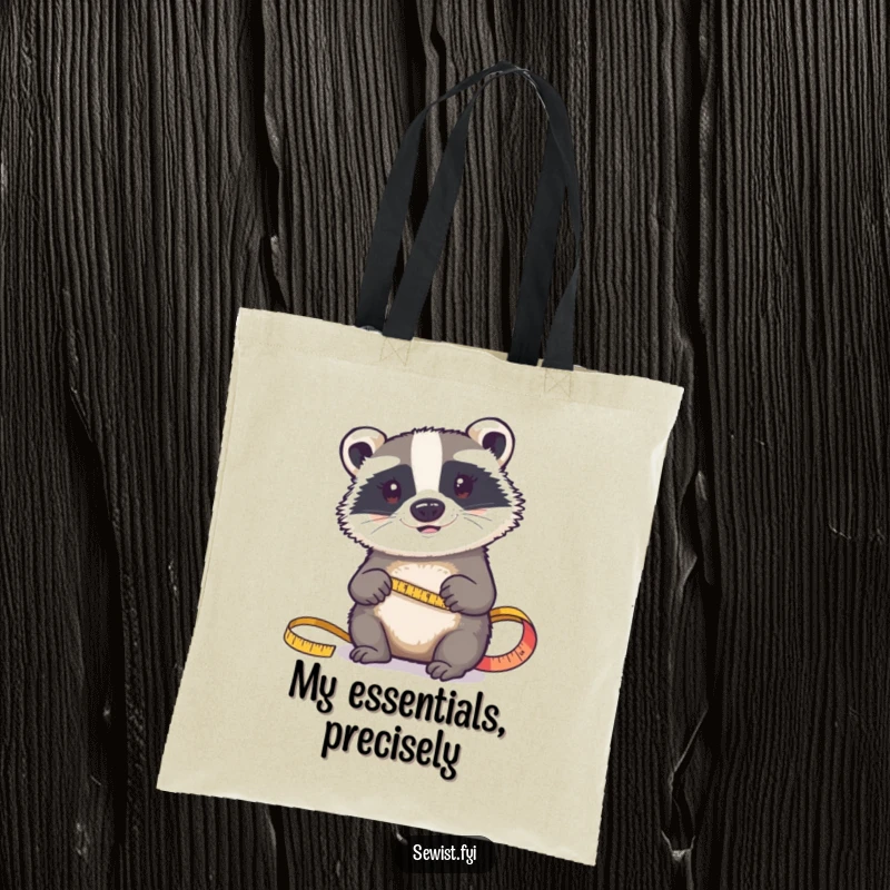 Funny tote bag: A determined badger holds a tape measure, ready to accurately measure fabric for sewing projects.