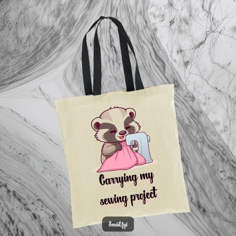Funny Badger Tote Bag: A happy badger sewing fabric with a sewing machine, perfect for carrying craft supplies humorously, a unique gift.