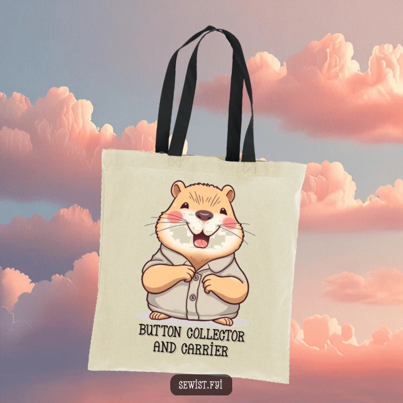 Funny Capybara Tote Bag: A joyful capybara sewing a button, perfect for carrying items with chill vibes, a humorous and practical gift.