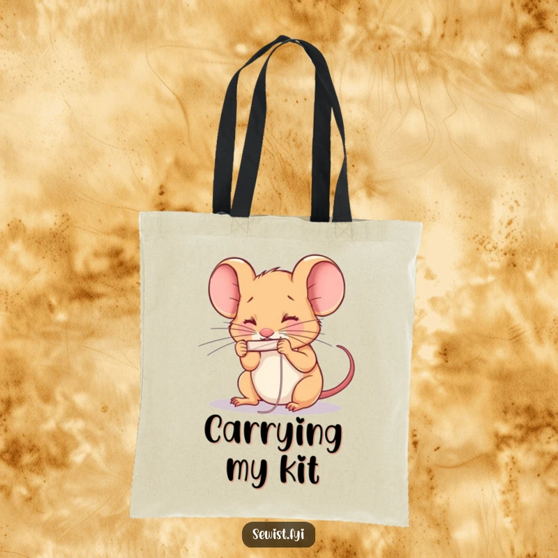 Funny determined mouse threading a needle with intense concentration. Perfect funny tote bag.