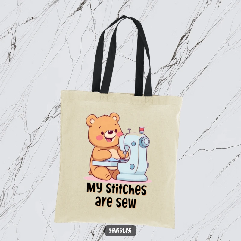 Funny Bear Tote Bag: Durable tote with a happy bear sewing expertly, perfect for carrying craft supplies, humor, gift.