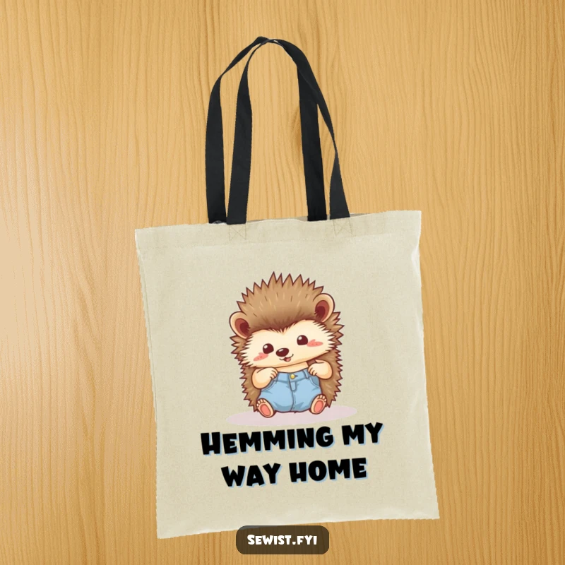 Funny Hedgehog Tote Bag: A proud hedgehog admiring a perfect seam, practical and humorous for craft supplies, a unique gift.