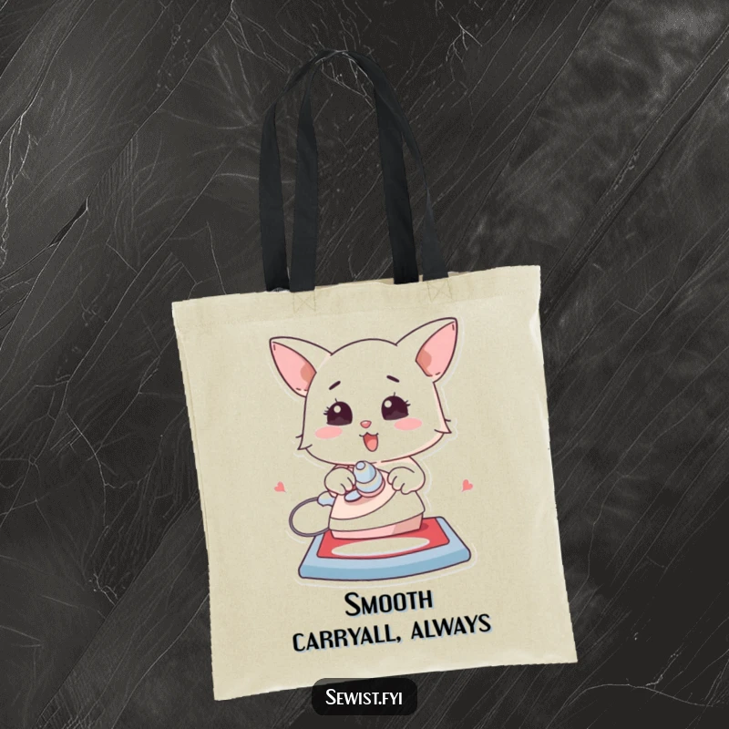 Funny tote bag featuring a character enthusiastically ironing a flat creation, ideal for carrying sewing supplies.