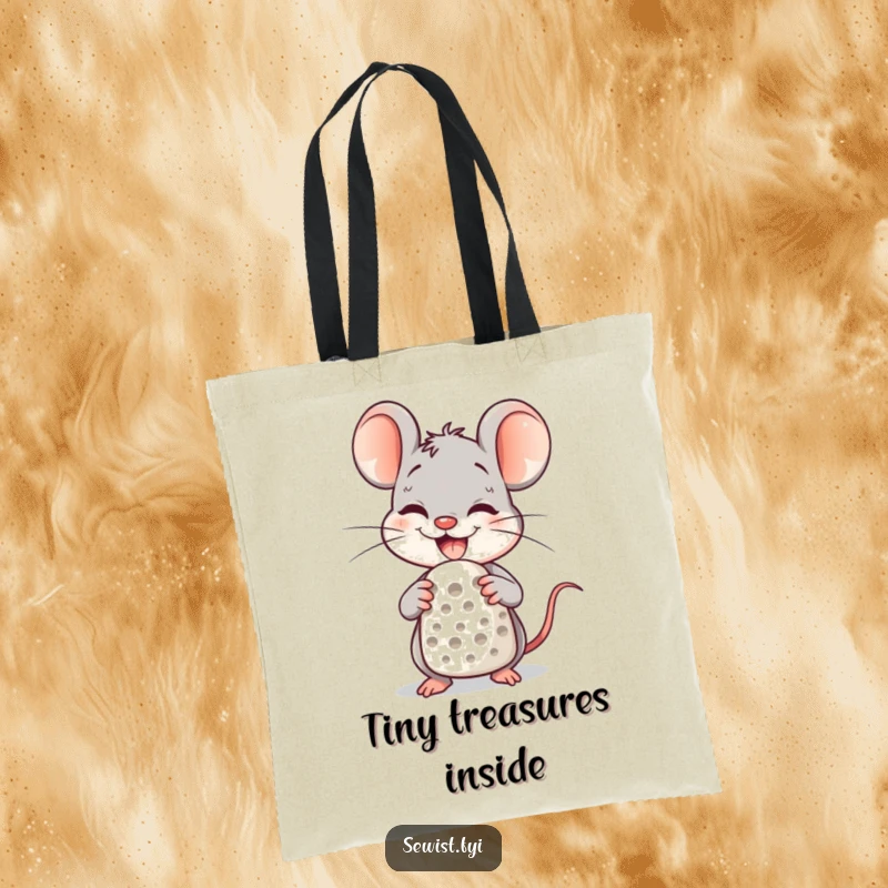 Funny Tote Bag with a delighted mouse character using a thimble, perfect for carrying sewing notions.