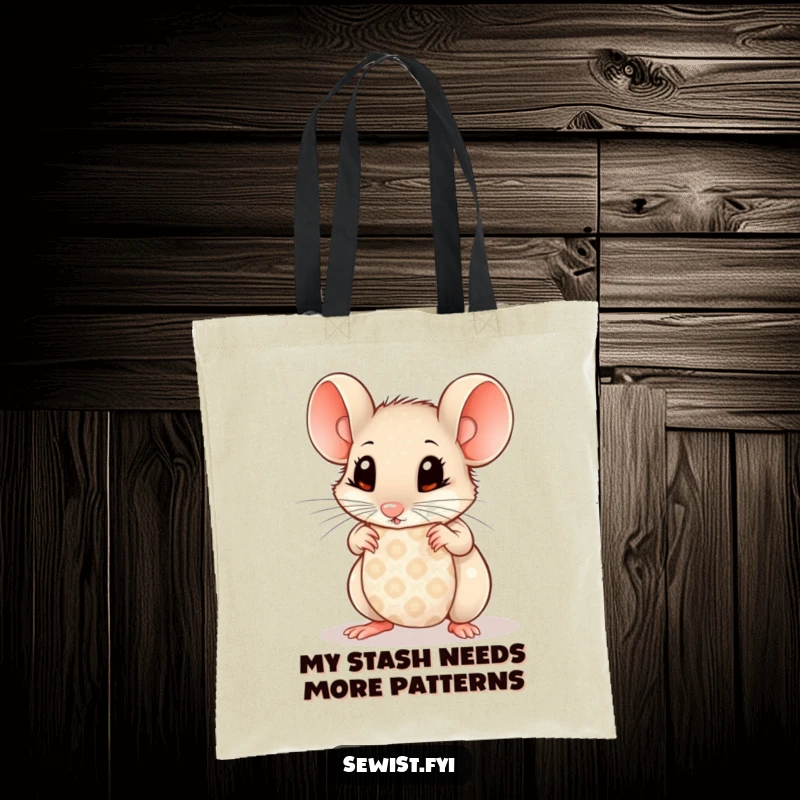 Funny Mouse Tote Bag: Curious mouse with wide eyes examining patterned fabric, perfect for carrying essentials with flair.