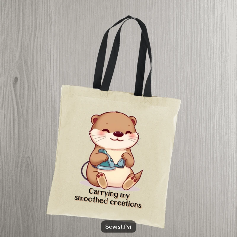 Funny otter ironing tote bag, a content creature happily pressing a seam with a tiny iron, perfect for carrying craft supplies humorously.