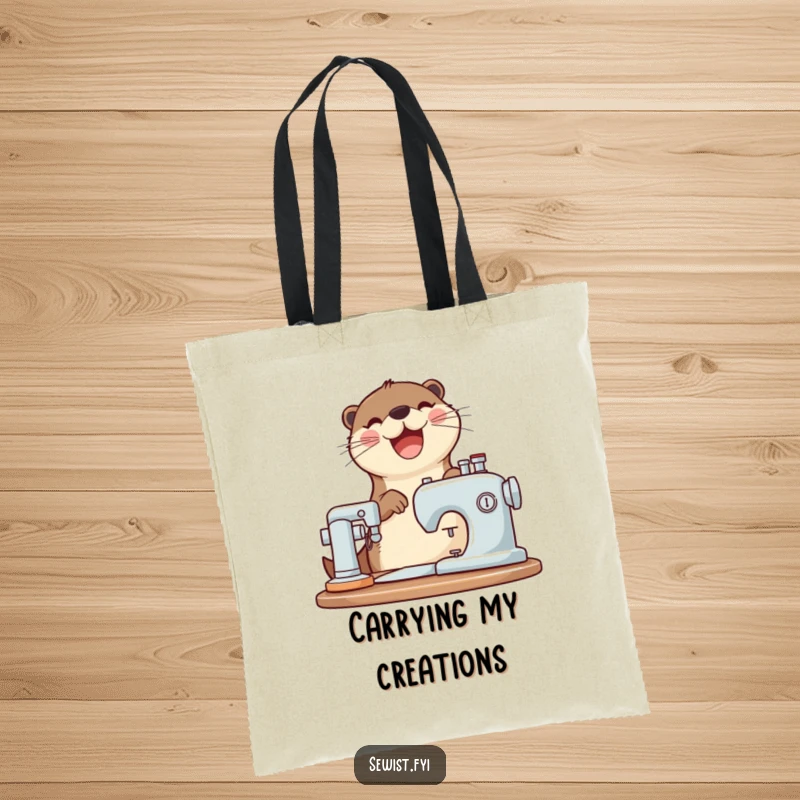 Funny otter tote bag with a joyful otter operating a sewing machine, perfect for carrying craft supplies.