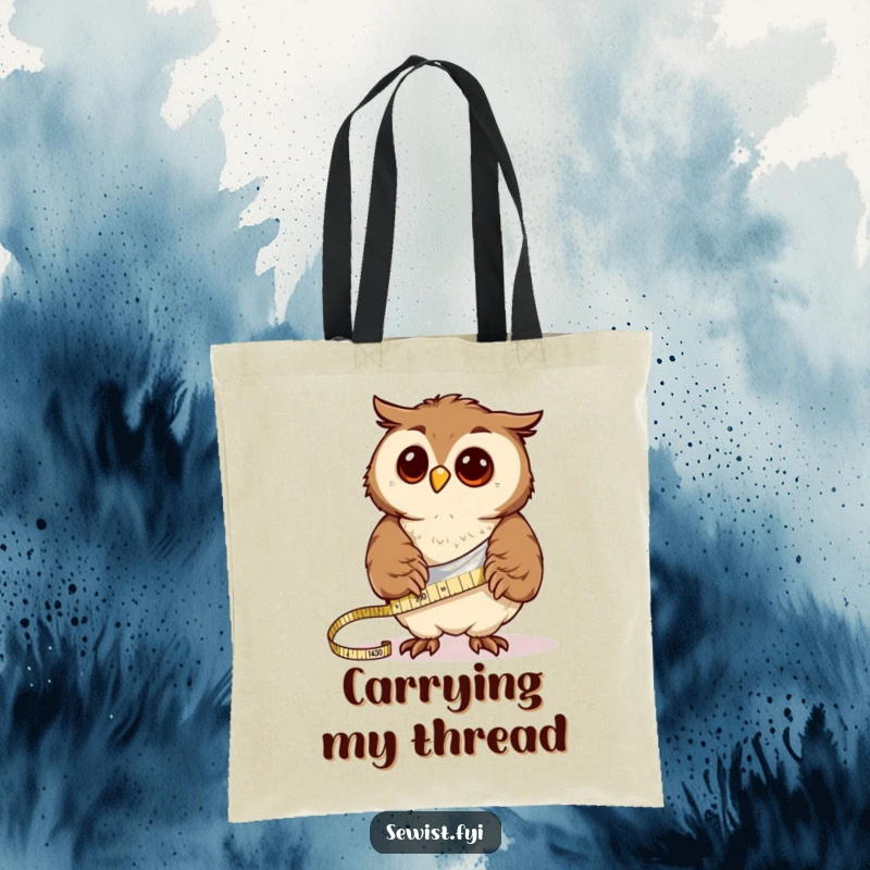 Funny curious owl measures cloth with a tape measure, a humorous tote bag for crafters.