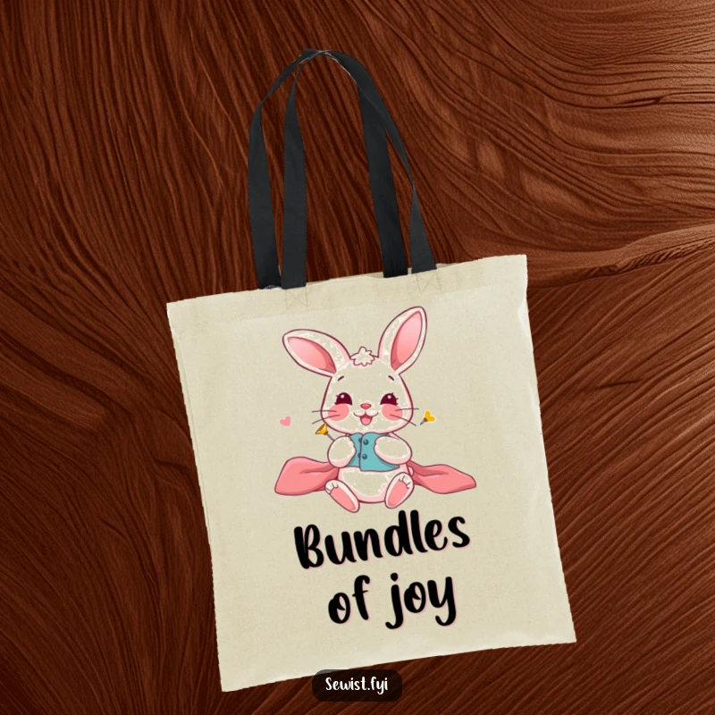 Funny Bunny Tote Bag: Durable tote with a playful bunny carefully pinning fabric, perfect for craft supplies, humor, gift.