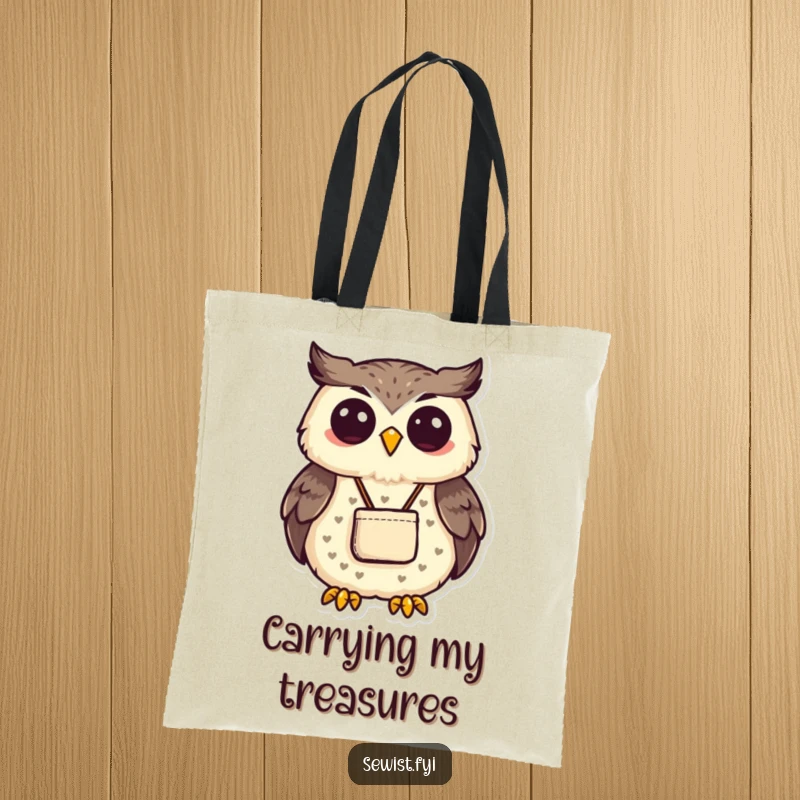 Funny proud owl displaying a small, neatly sewn pouch with a smile. Perfect funny tote bag.