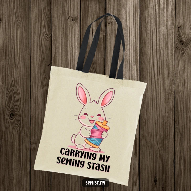 Funny Rabbit Tote Bag: Stylish tote with a cheerful rabbit holding a colorful spool of thread, a charming crafting accessory.
