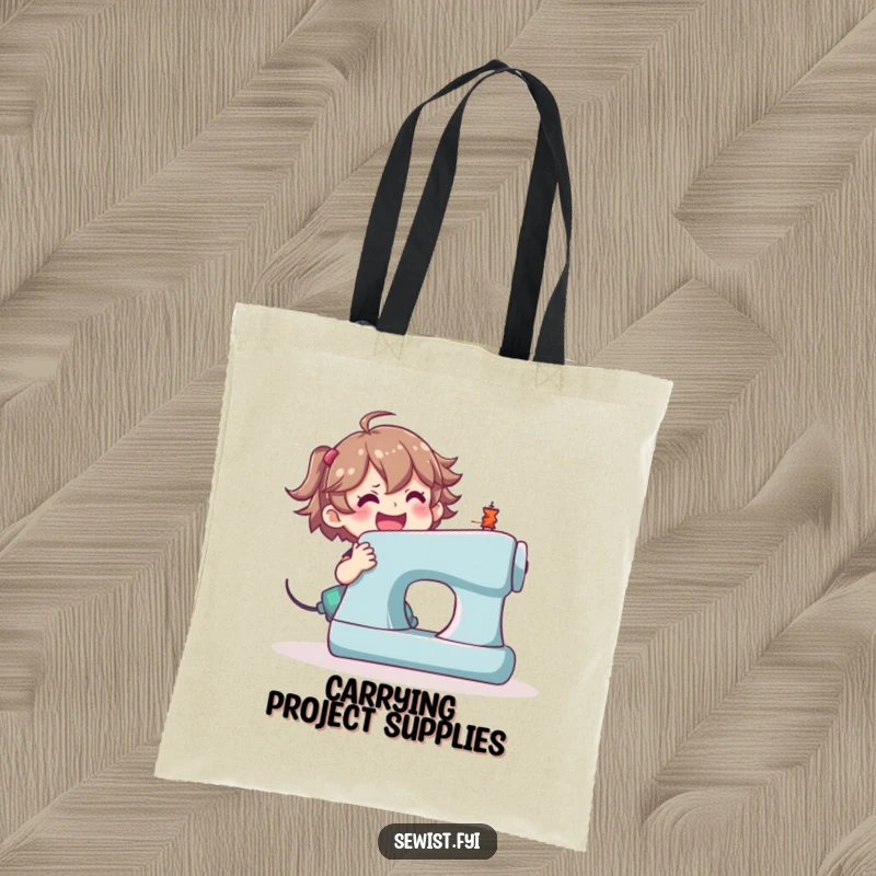 Funny sewing machine tote bag, happy character using a large sewing machine energetically.