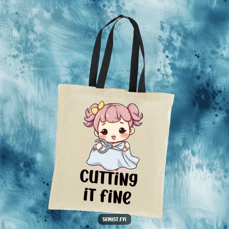 Funny tote bag featuring a character cutting fabric with scissors in a flourish, perfect for carrying sewing supplies and tools.