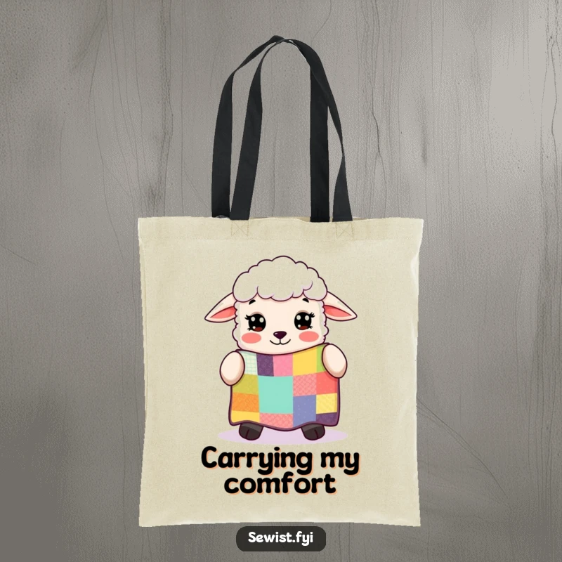 Funny sheep admiring a vibrant patchwork quilt, a delightful and practical tote bag for sewing and quilting enthusiasts.