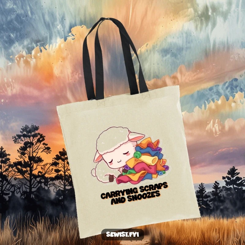 Funny sleepy sheep tote bag, a tired creature dozing near colorful fabric scraps, perfect for carrying craft supplies humorously.
