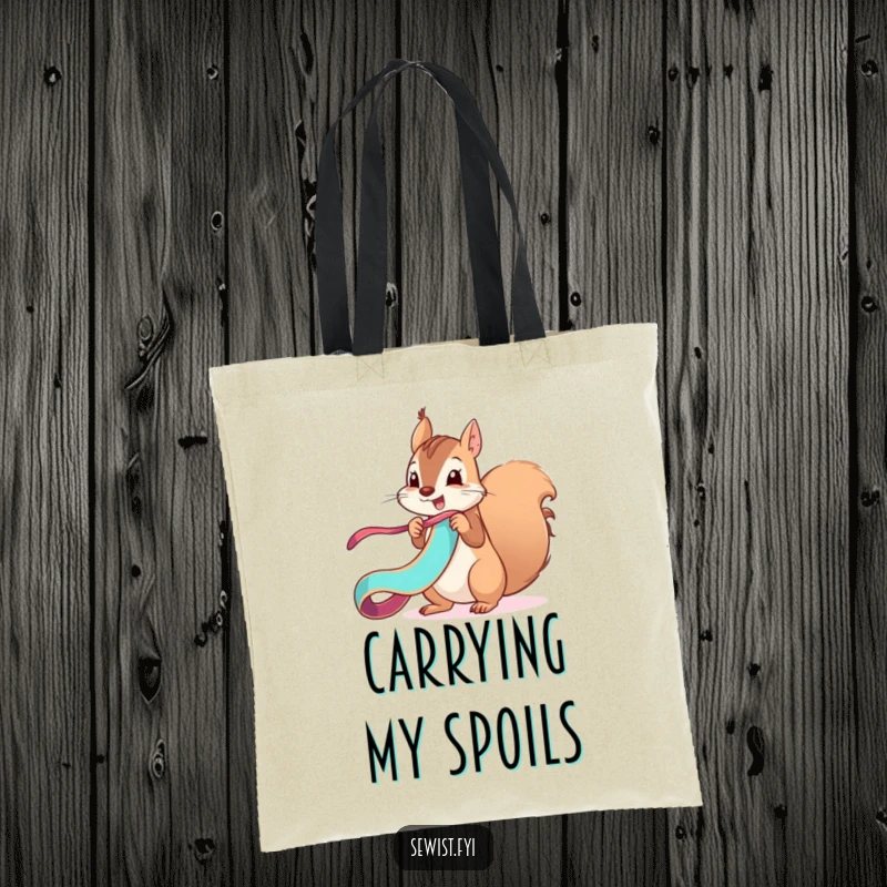 Funny mischievous squirrel unfurls a vibrant ribbon with a flourish, a humorous tote bag for fun lovers.