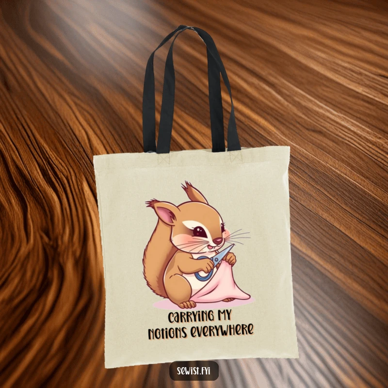 Funny squirrel tailor tote bag, showing a determined creature snipping fabric, perfect for carrying craft supplies with a humorous flair.