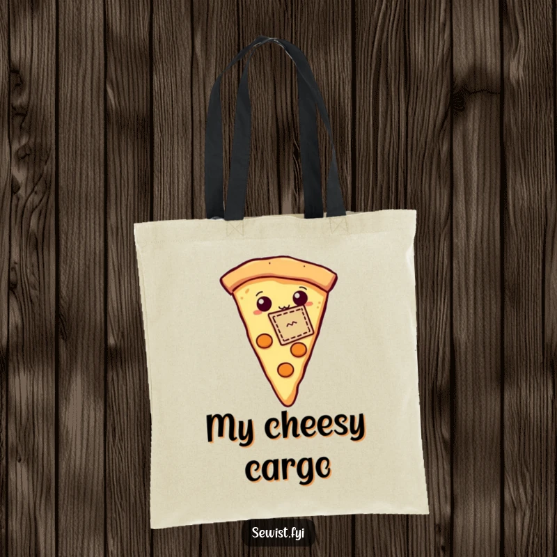 Funny tote bag with a proud pizza slice displaying a tiny stitched patch, a humorous and practical accessory for craft lovers.