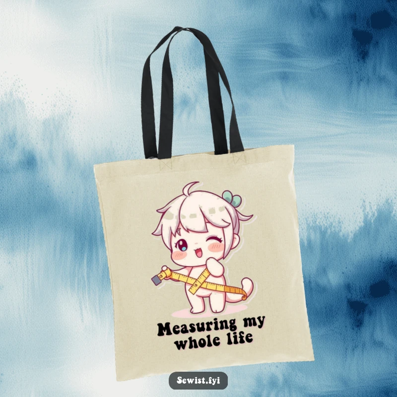 Funny tote bag with a character playfully stretching a measuring tape, perfect for organizing sewing supplies.