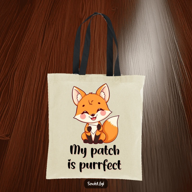Funny Fox Tote Bag: Durable tote with a delighted fox proudly stitching a colorful patch, perfect for craft supplies, humor, gift.