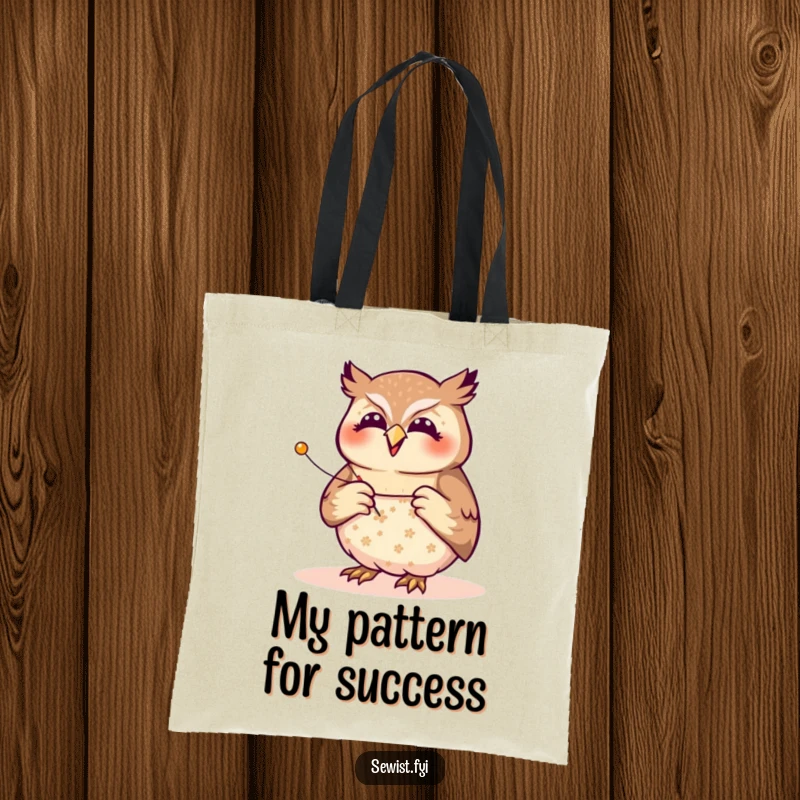 Funny owl seamstress tote bag, a joyful creature pinning a fabric pattern with focused precision, perfect for carrying craft supplies humorously.