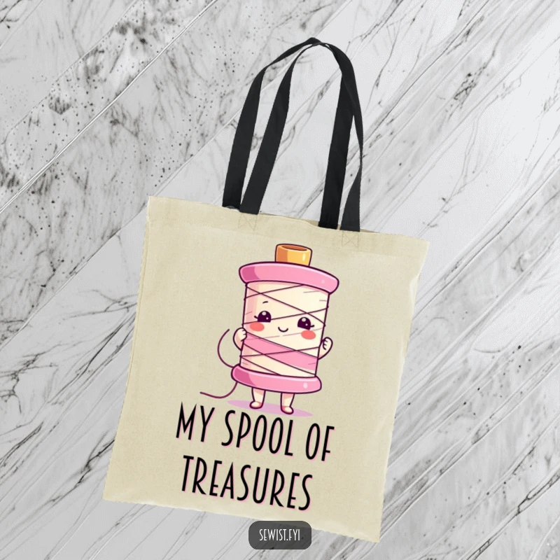 Funny tote bag showcasing a character proudly displaying a large, vivid sewing spool, ideal for craft supplies.