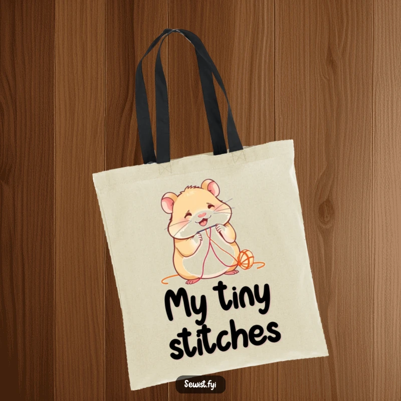Funny Tote Bag: A happy hamster is diligently threading a needle, showcasing a love for sewing and crafting.