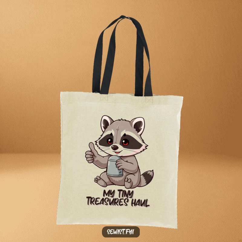 Funny tote bag with a mischievous raccoon giving a thumbs-up, proudly holding a thimble, a stylish and humorous accessory everywhere.