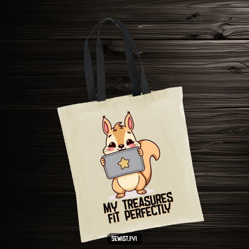 Funny tote bag: A cheerful squirrel carries a sewing kit, proudly holding up a newly crafted patch, ready for projects.